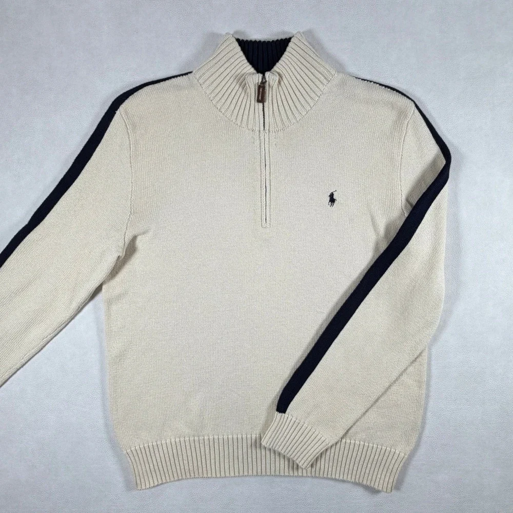VTG Polo Ralph Lauren Navy Stripe Quarter Zip Pullover Mens Large Cream Sweater